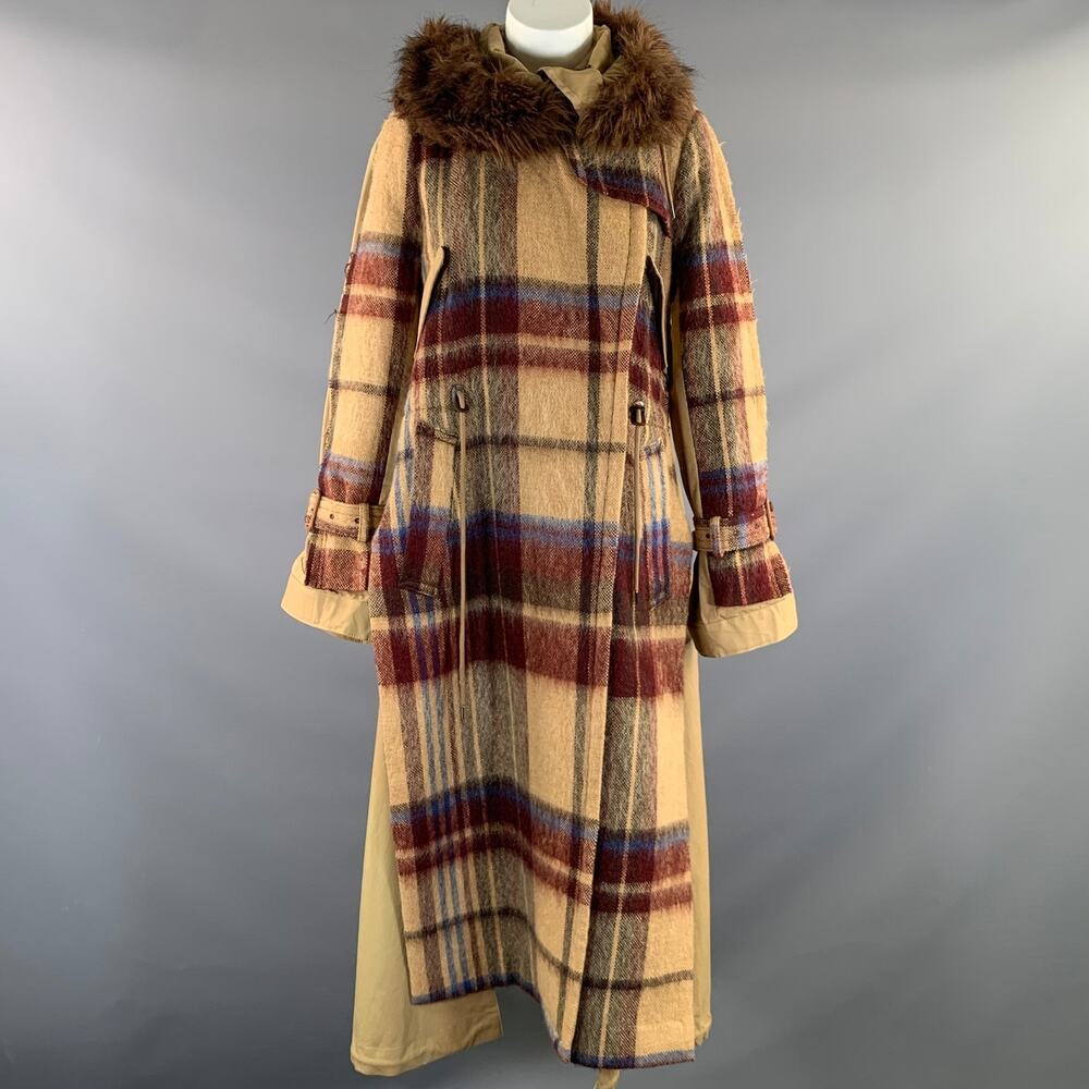 SACAI Size M Khaki Burgundy & Brown Wool Blend Plaid Trench Coat